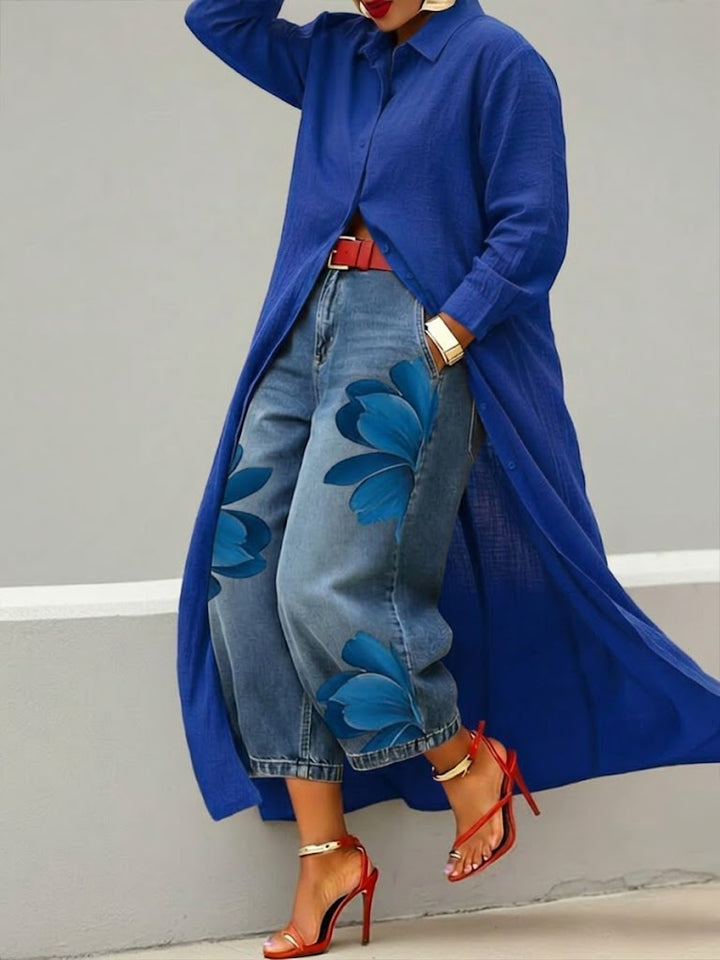 Rona - חולצת כפתורים ומכנסי ג'ינס מודפסים
